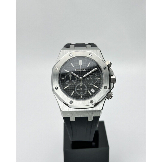 Custom Seiko Mod • Black Quartz Chronograph Silver AP on Rubber Strap • 42mm